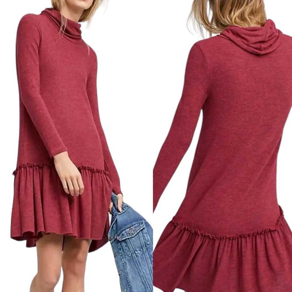 Anthropologie Sunday In Brooklyn Turtleneck Drop Waist Ruffle Dress Red M